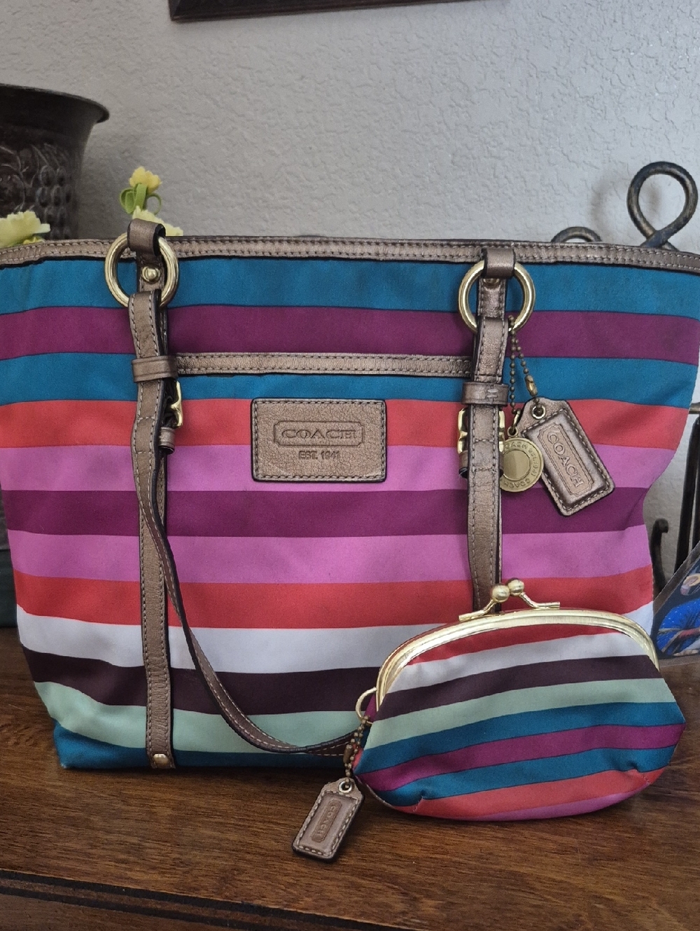 Coach legacy Stripe Sateen Tote Bag with Coin Purse